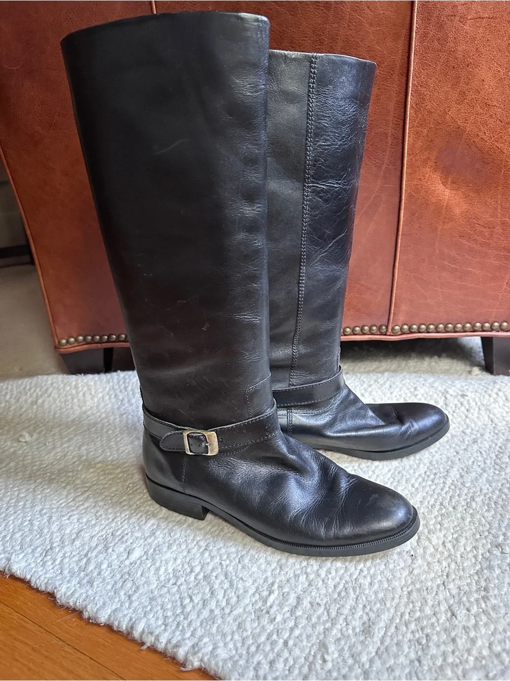 Etienne Aigner Black Over-the-Knee Leather Boots with Buckle